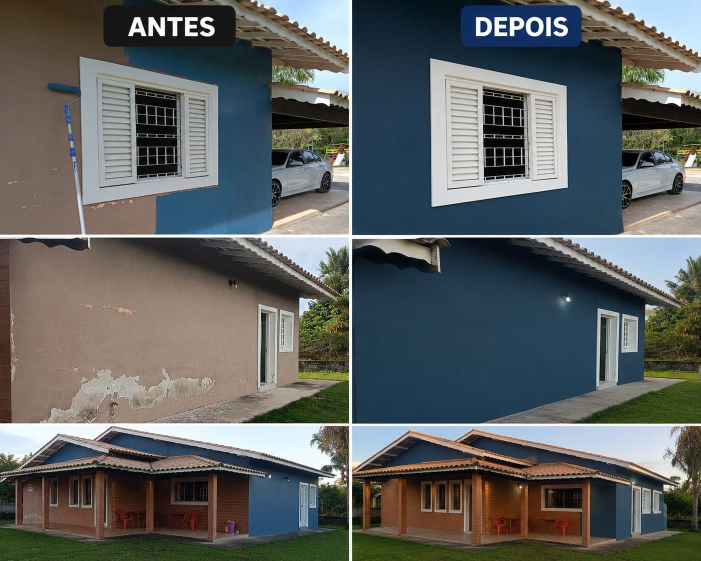Fachada de casa antes e depois da pintura externa azul em Jundiaí
